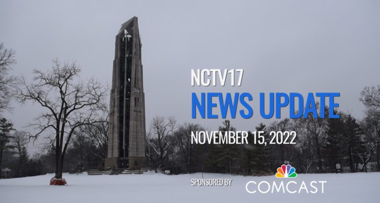 NCTV17 News Update slate for November 15, with winter weather shot of Moser Tower in background