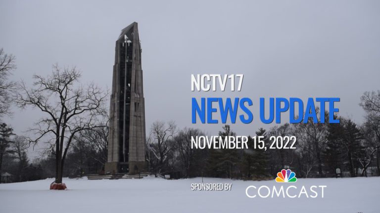NCTV17 News Update slate for November 15, with winter weather shot of Moser Tower in background
