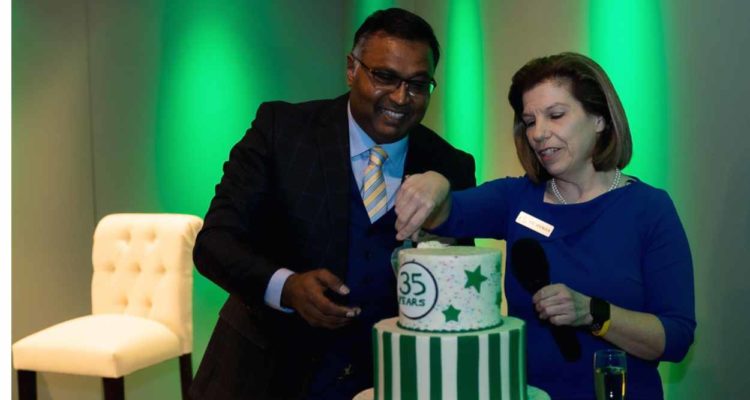 Liz Spencer and Kader Sakkaria cut the NCTV17 35th Anniversary Cake