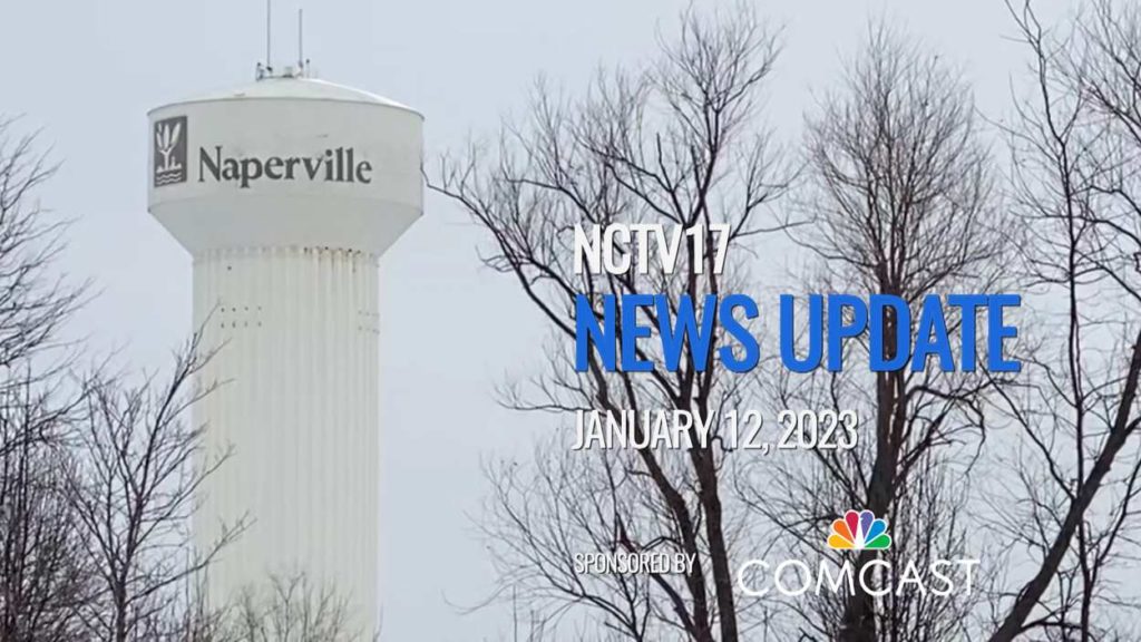 NCTV17 News Update slate for January 12, 2023, with Naperville water tower in background