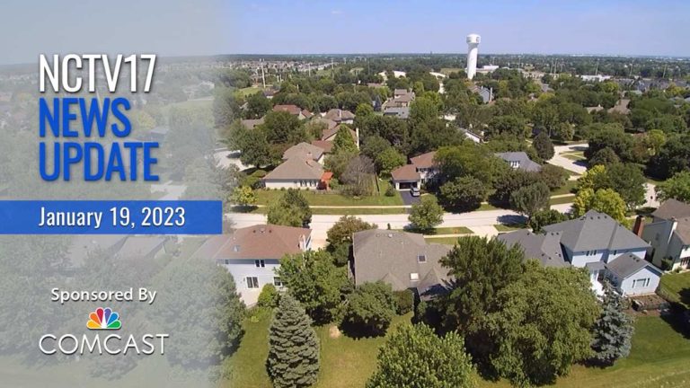 NCTV17 news slate for January 19, 2023 with drone shot of Naperville neighborhood in background