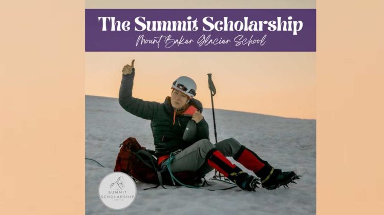 Brochure image for Awe Summit Scholarships enabled by Lucy Westlake with mountain climber sitting on snow