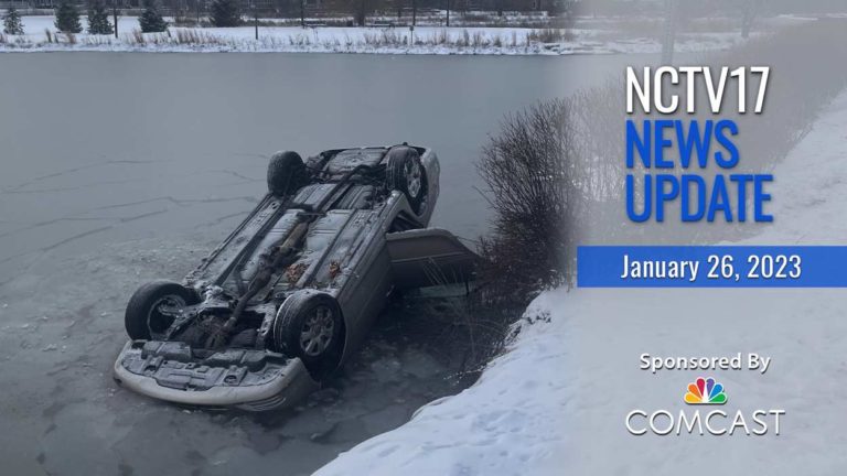 NCTV17 News Update slate for January 26, 2023 with car into pond image in background