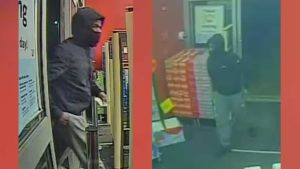 police handout photos of suspect in armed robbery, two different images of man in hoodie