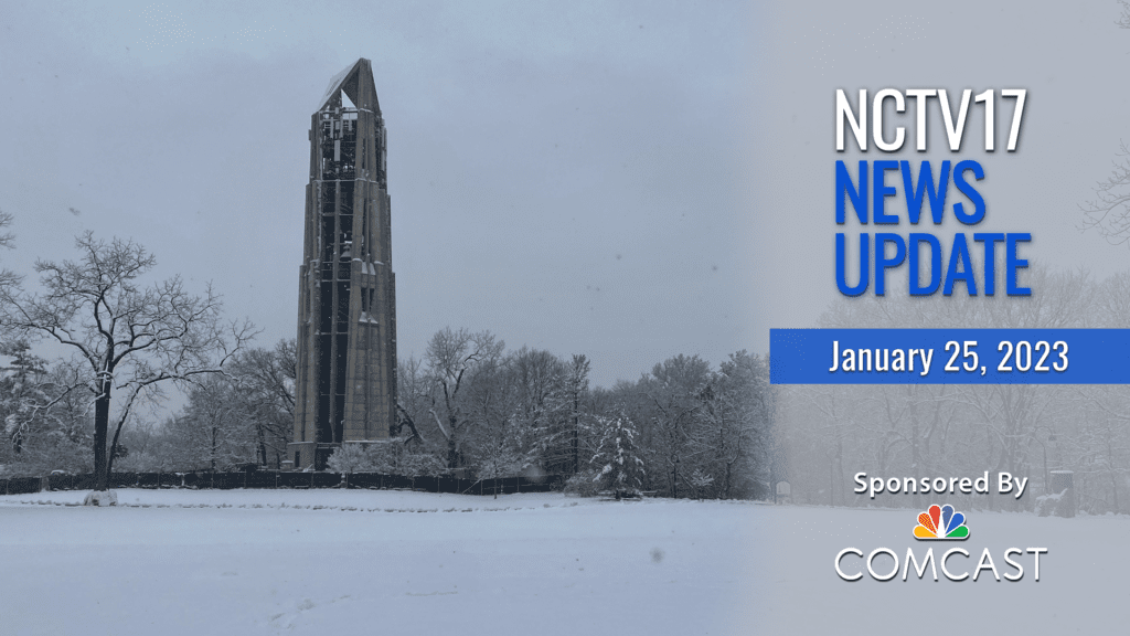 NCTV17 News Update slate for January 25, 2023 with winter weather, snow and Moser Tower in background