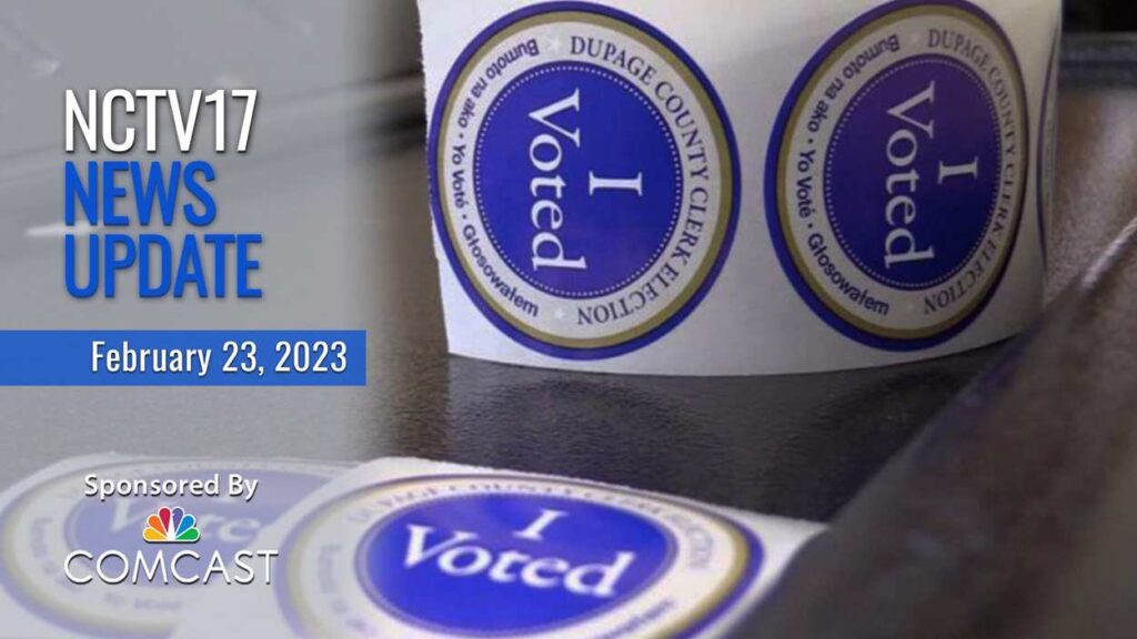 News Update text February 23, 2023. Picture for Early Voting shows "I Voted" stickers.