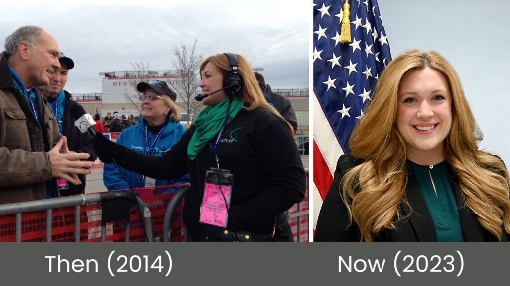 Natalie (Vitale) Symonds reporting at the inaugural Naperville Marathon in 2014 and in her new role with the FBI.
