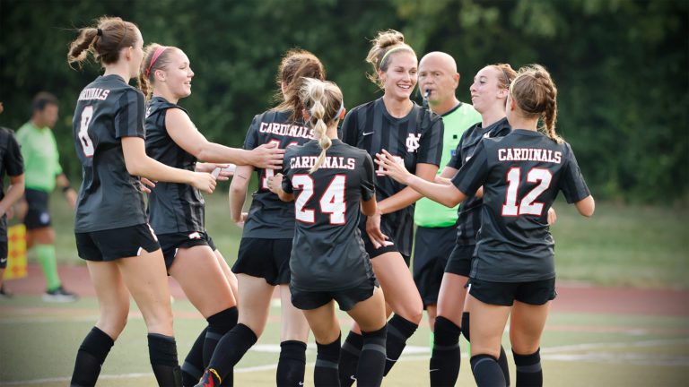 North Central women's soccer celebrates a goal