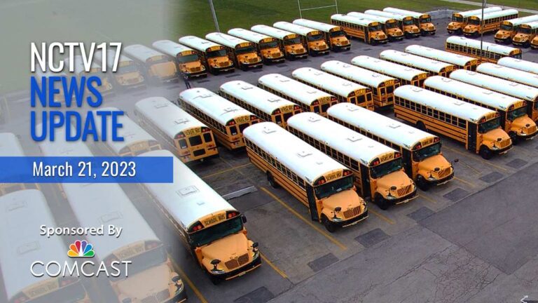 NCTV17 News Update slate for March 21, 2023 with school buses in background
