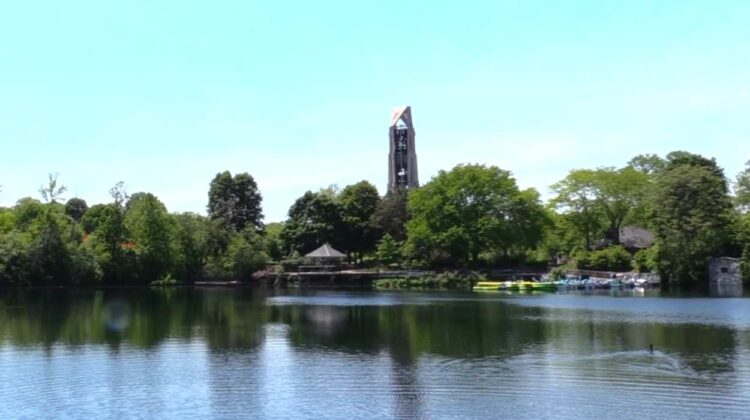 Beauty shot of Naperville with Paddleboat Quarry, Moser Tower