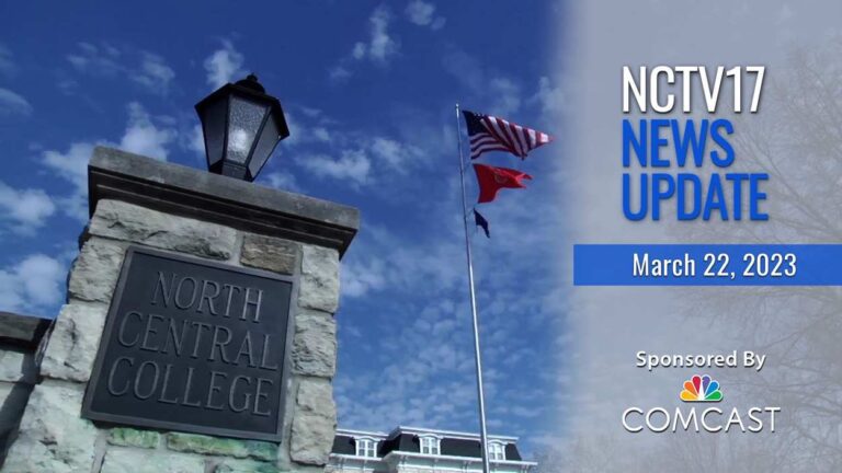 News Update text for 3/22/23. North Central College sign in front of old main.