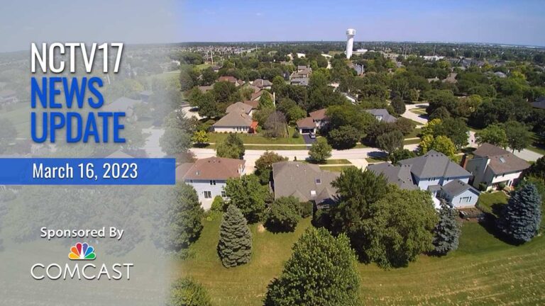 NCTV17 News Update slate for March 16, 2023 with aerial view of housing in background