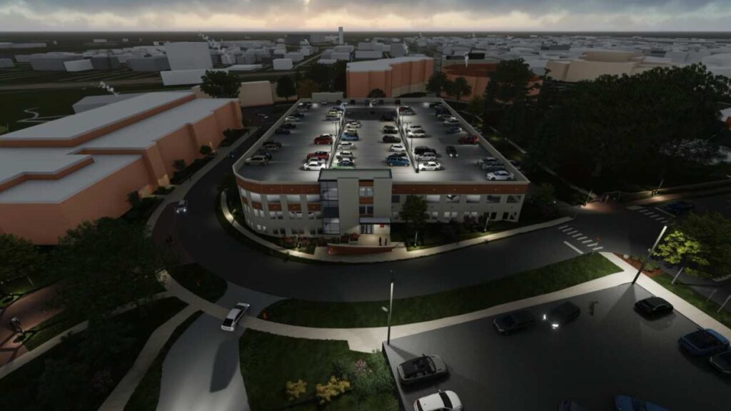 Rendered image of North Central College's planned parking pavilion