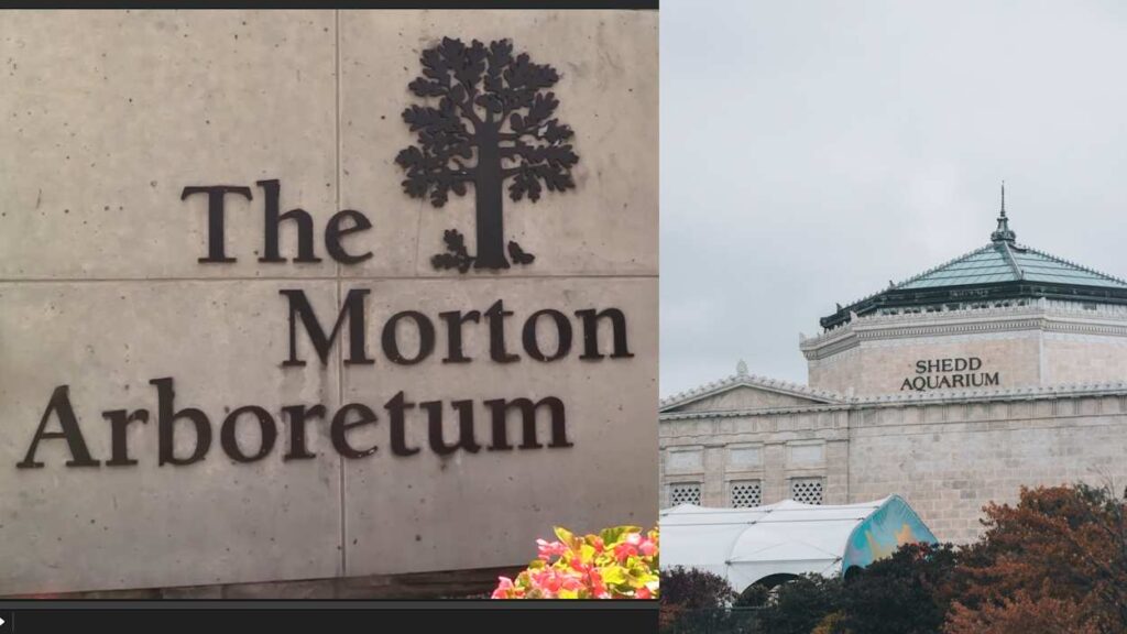 The Morton Arboretum sign and an exterior photo of the Shedd Aquarium