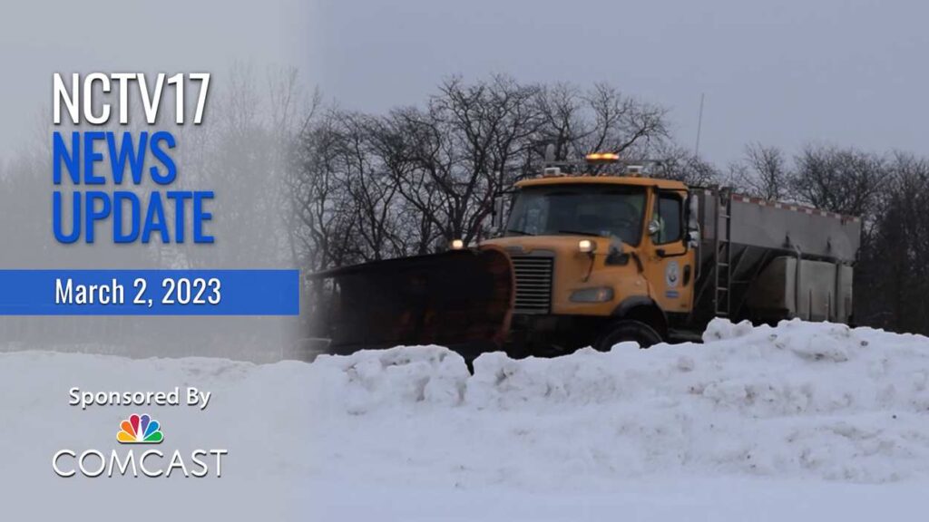 NCTV17 news update slate for March 2, 2023 with snowplow in background