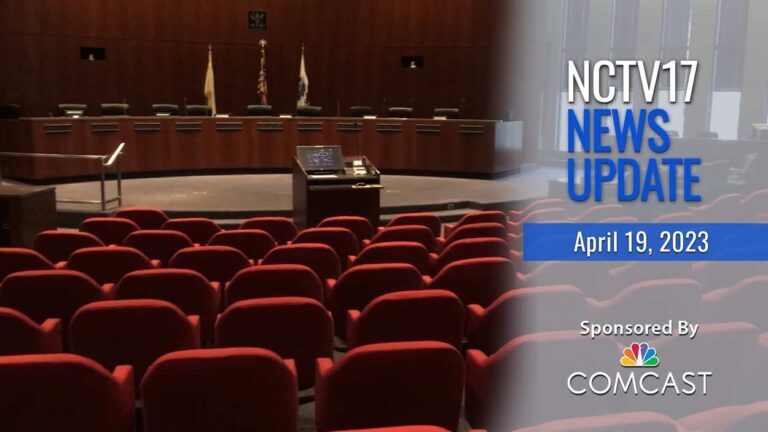 NCTV17 news update slate for April 19, 2023, with view of empty council seats in background