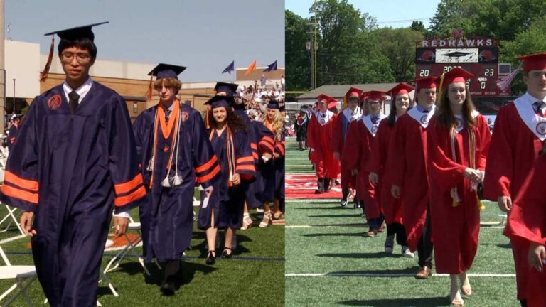 Images of students from Naperville North and Naperville Central high schools in caps and gowns at the District 203 graduation