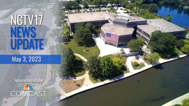 NCTV17 News Update slate for May 3, 2023 update on first-quarter finances with drone shot of Naperville city hall in background