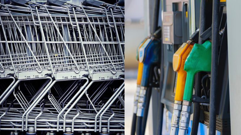 Side by side photos of grocery karts and gas station pumps