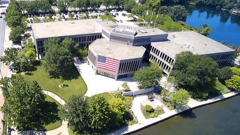 drone photo of Naperville city hall