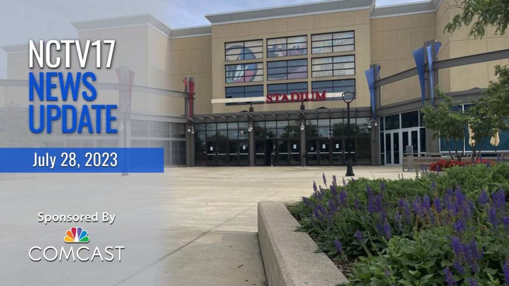 NCTV17 news update slate for July 28, 2023 with Regal Cantera theater in background