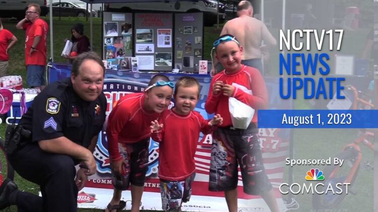 NCTV17 News Update slate for August 1, 2023 with national night out gathering - officer and kids - in background