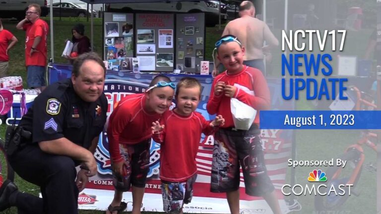 NCTV17 News Update slate for August 1, 2023 with national night out gathering - officer and kids - in background
