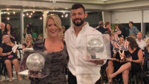 audience choice wnners pose with mirror ball trophy