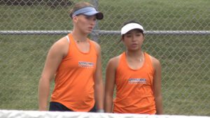 Naperville North's Gabby Lee and Brooke Coffman on the tennis court.