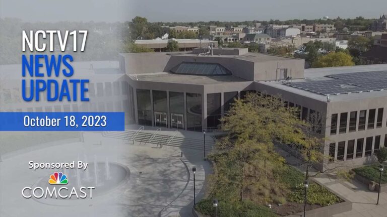NCTV17 news update slate for Oct. 18, 2023 with Naperville city hall in background