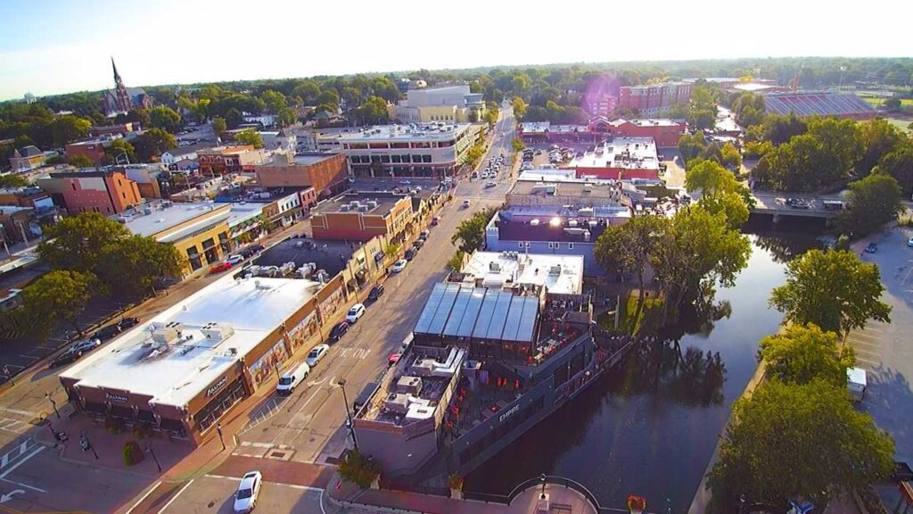 Drone shot of downtown Naperville