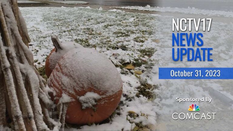 NCTV17 news update slate for Oct. 31, 2023 with snow on pumpkins in background