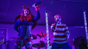 Band in Halloween costumes