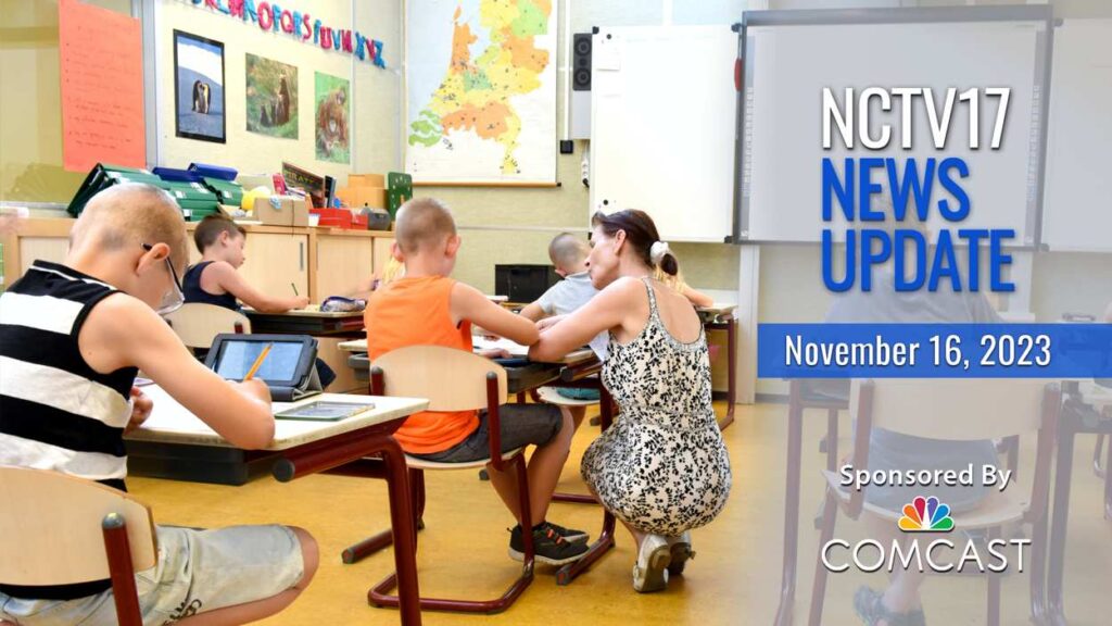 NCTV17 News Update slate for Nov. 16, 2023, with children at schools in background