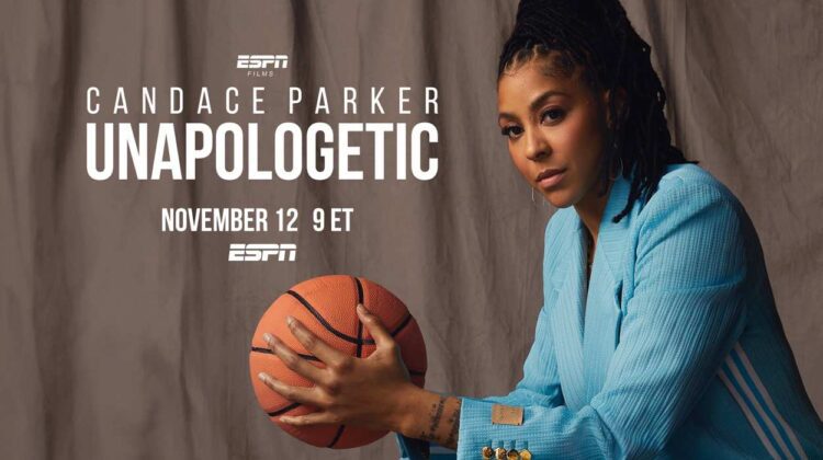 Text: ESPN Films’ “Candace Parker: Unapologetic." Parker holding a basketball.