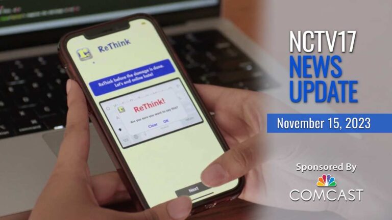 NCTV17 News Update slate for Nov. 15, 2023 with ReThink on phone in background