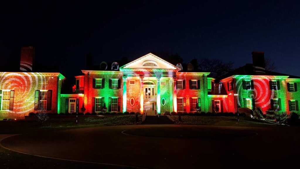 McCormick House at Cantigny Park lit up with holiday lights for Christmas at Cantigny event