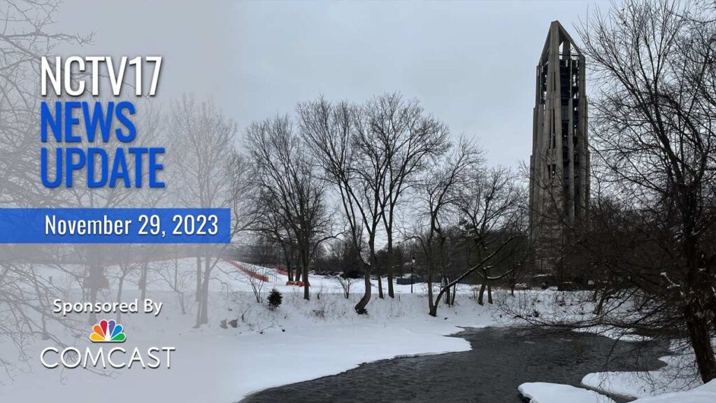 NCTV17 News Update slate for Nov. 29, 2023 with Naperville's Moser Tower and sled hill in background