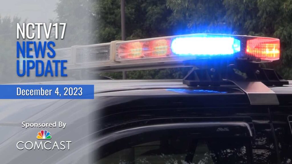 NCTV17 News Update slate for Dec. 4, 2023 with police lights in background, featured story fatal shooting at Oakbrook Terrace hotel