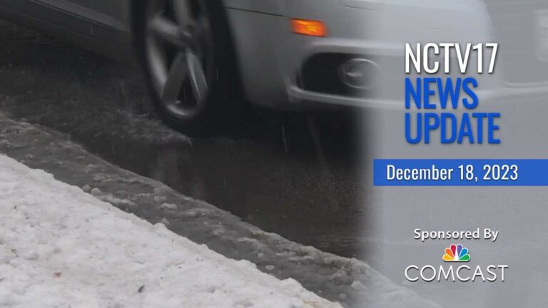 NCTV17 news update slate for Dec. 18, 2023 with car driving in icy conditions which could cause crashes in background