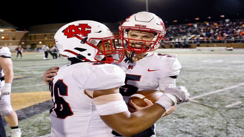 North Central College football celebrates 34-27 semifinal win over Wartburg