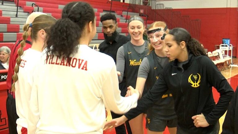 Waubonsie Valley girls basketball shake hands before the season opener against Naperville Central.