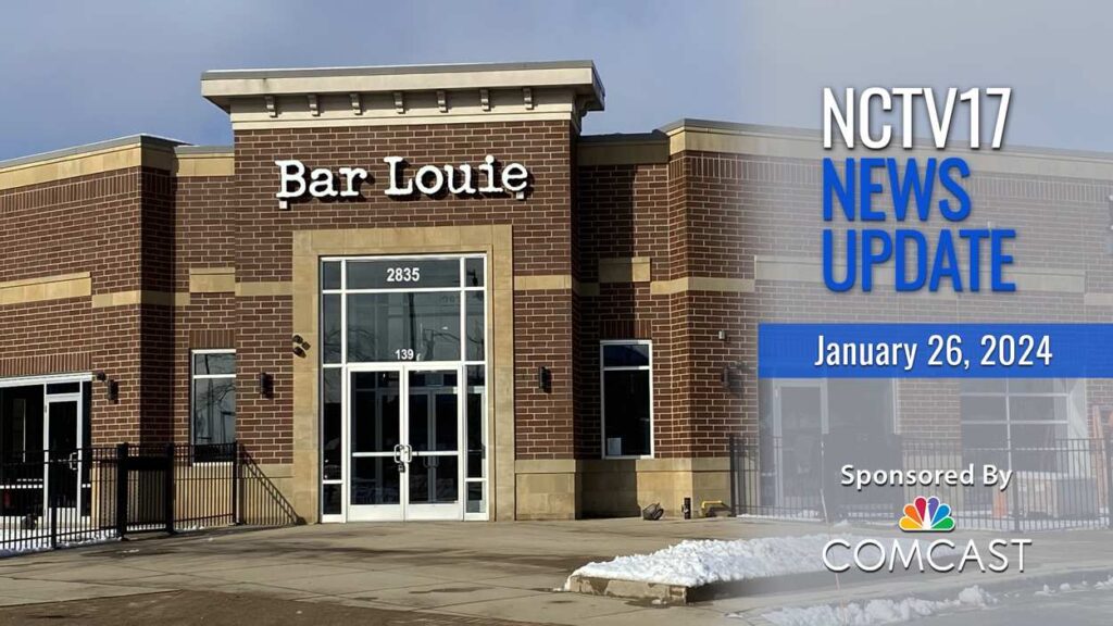 NCTV17 News Update slate for January 26, 2024 with exterior of Bar Louie in background