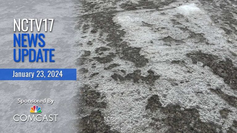News Update text for 1/23/24. Close-up picture of icy road conditions.