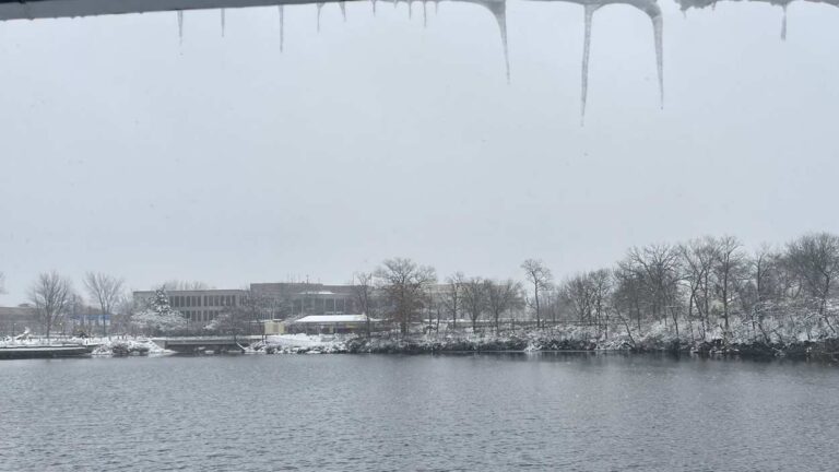 icicles hang in view over water looking at Naperville buildings