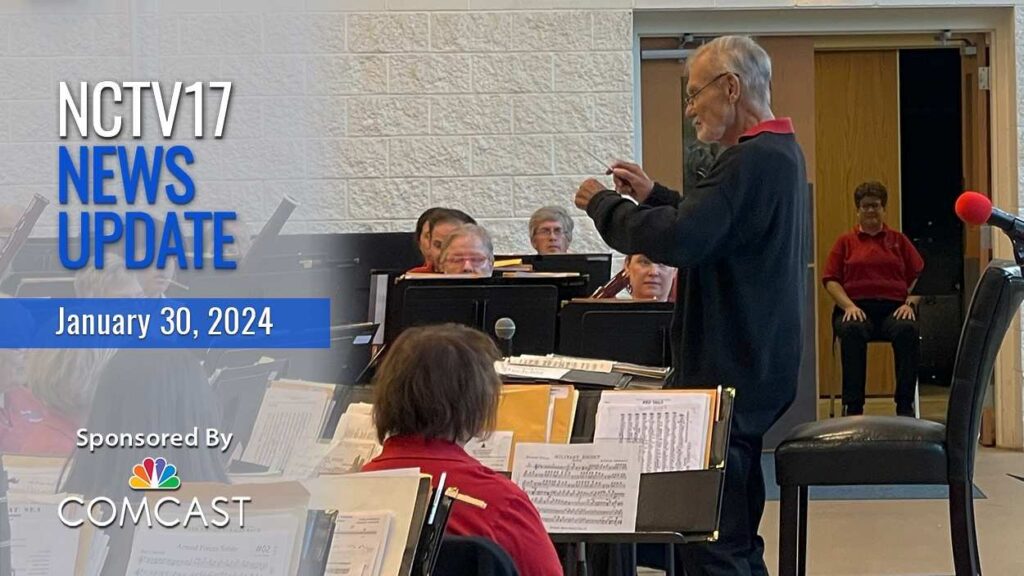 News update text 1/30/24 picture of Ron Keller directing the band. Ron Keller memorial services | Republican candidate forum | Todd Channell Hall of Fame.