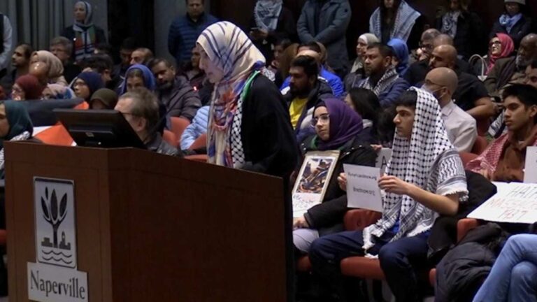 One of the over forty area residents who demanded the Naperville City Council issue a ceasefire resolution for Gaza
