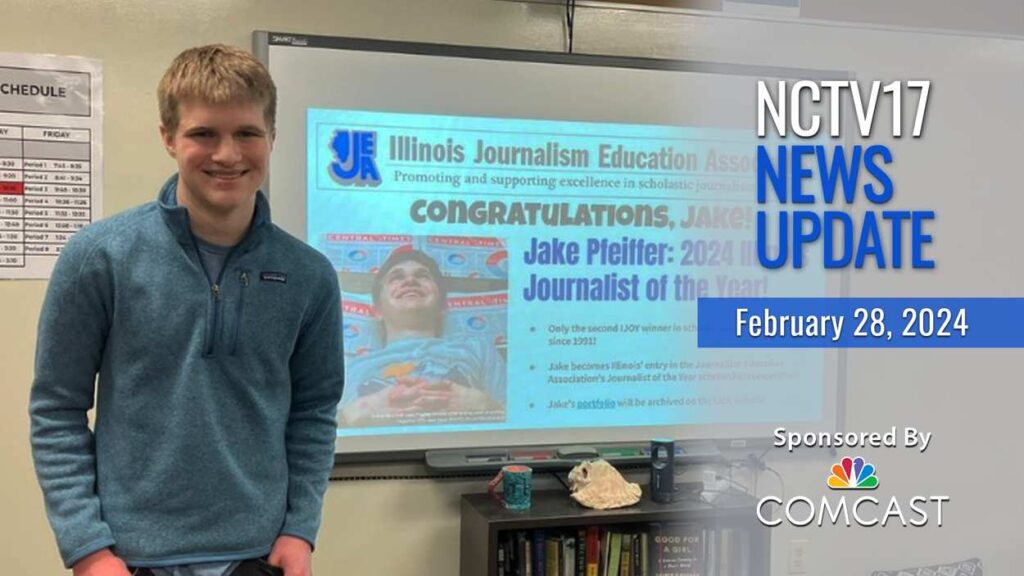 NCTV17 News Update slate for Feb. 28, 2024 with photo of Jake Pfeiffer and newspaper headline projection naming him IL Journalist of the Year