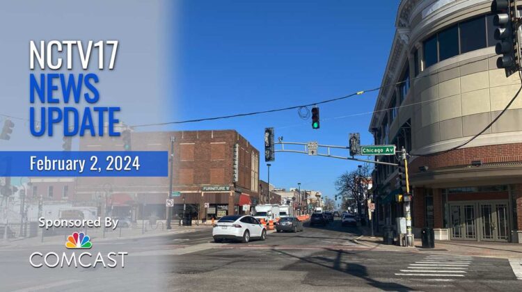 NCTV17 News Update slate for February 2, 2024 with downtown Naperville image where streetscape renovation will take place