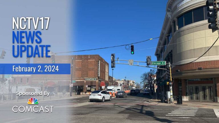NCTV17 News Update slate for February 2, 2024 with downtown Naperville image where streetscape renovation will take place
